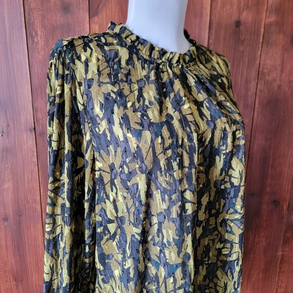 Maison d’Amelie Women L Black Chartreuse Chiffon Swiss Dot Ruffle Mock Neck Top - Picture 8 of 10